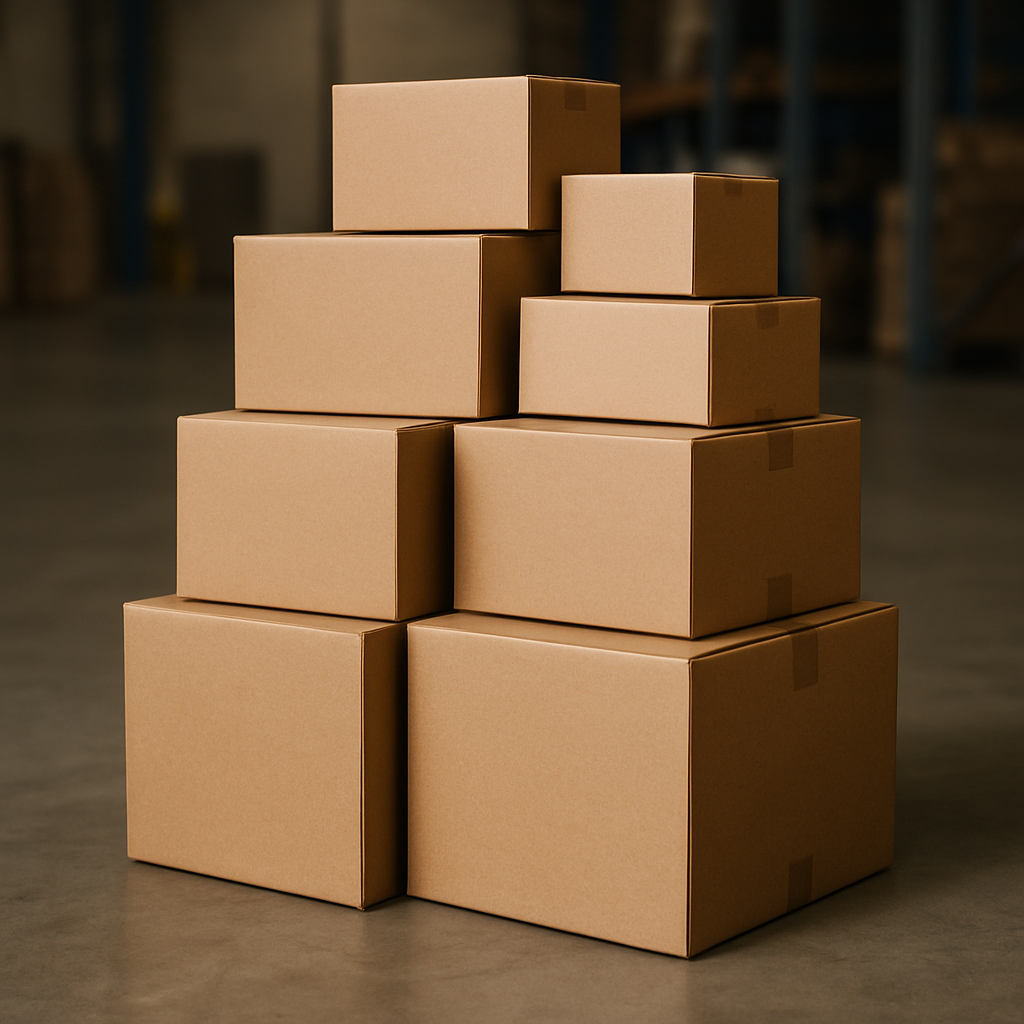Stack of plain brown corrugated shipping cartons